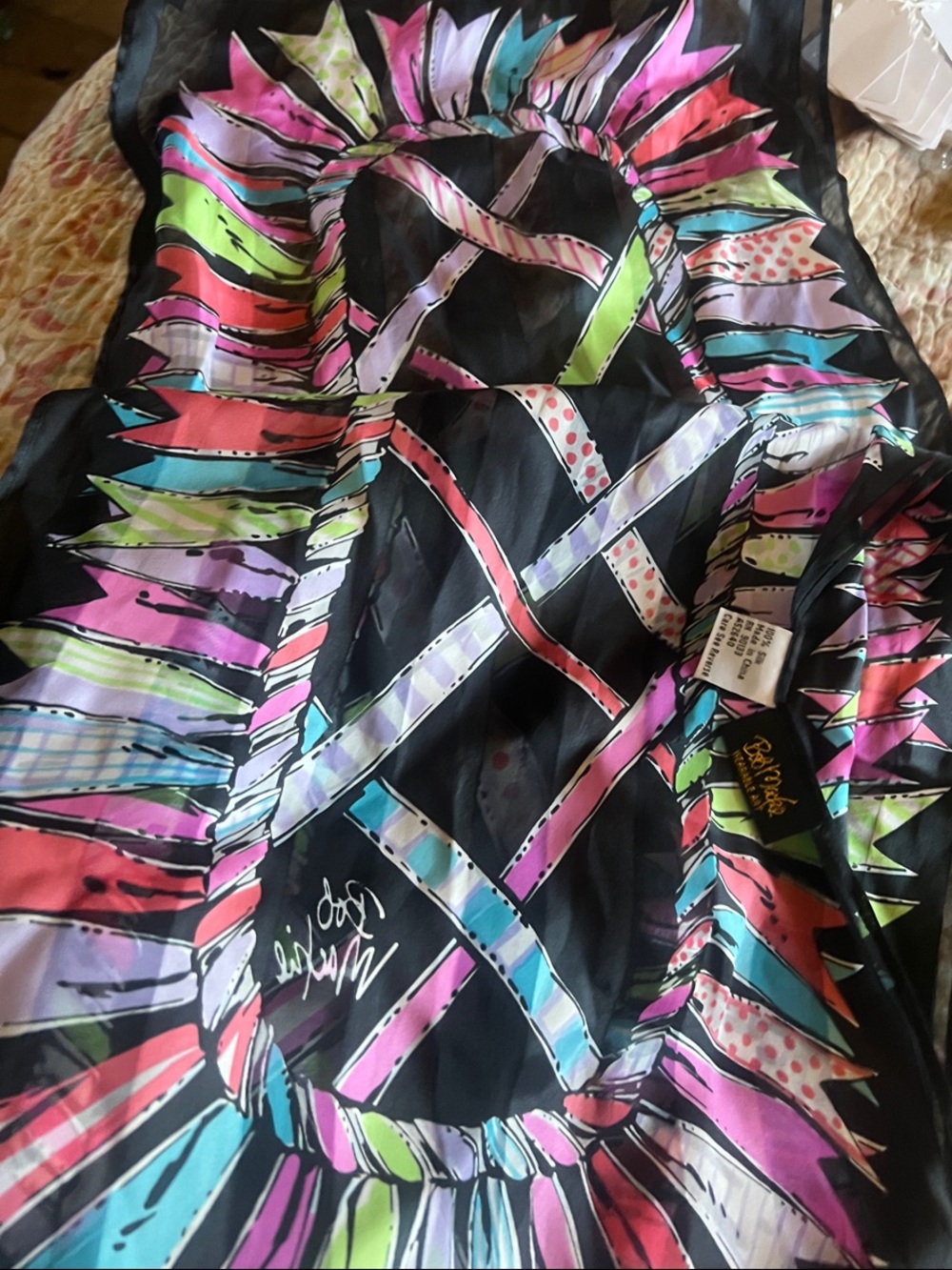 Bob Mackie Colorful Feather-Print Sheer Scarf - Black Multi 100% silk